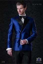 Blue Satin Groom Tuxedos Double-Breasted Men Wedding Tuxedos Peak Lapel Jacket Blazer Fashion Men Dinner/Darty Suit(Jacket+Pants+Tie) 1282