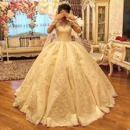 2019 Luxury Applique lace Ball Gown Wedding Dress Long Sleeve Ruffle Bridal Dress Lace-up Back Sweep Train vestido De noiva