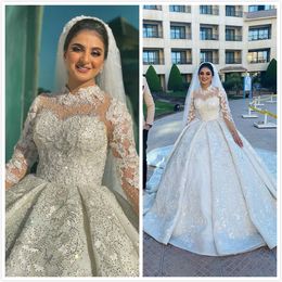 2020 Plus Size Arabic Aso Ebi Sparkly Sexy Vintage Wedding Dresses Lace Crystals Bridal Dresses Long Sleeves Wedding Gowns ZJ508