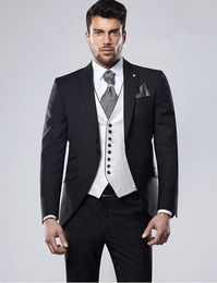 Black Groom Tuxedos Peak Lapel Slim Fit Groomsman Wedding Tuxedos Men Prom Party Jacket Blazer 3 Piece Suit(Jacket+Pants+Tie+Vest) 86