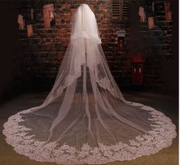 In Stock Wedding Veil With Lace Appliques Sequins Blusher Veil Custom Made Cheap Bridal Veils 300CM*200CM