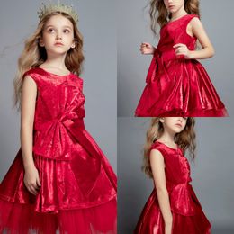 New Fashion Lovely Red Velvet Flower Girls Dresses Jewel Neck Bow Sash Kids Christmas Party Dresses