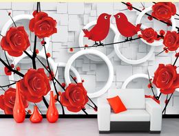 Romantic Rose Love Bird 3D TV Background Wall 3d murals wallpaper for living room