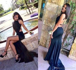 Cheap Black Sexy Prom Dresses Mermaid Beach Halter Neck Lace Backless Sweep Train Evening Dress Side Split robe de soiree Formal Dresses