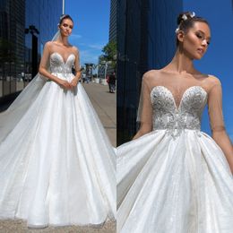 Elegant Crystal Design A Line Wedding Dresses Jewel Half Sleeve Lace Applique Crystal Wedding Gowns Sweep Train robe de mariée