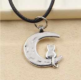 new 20pcs/lot Tibetan Silver Moon Cat Necklace Choker Charm Black Leather Cord Necklace DIY