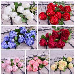 Artificial Flowers Beautiful DIY Bouquet Party Spring Wedding Decoration Fake Flower 3 Head Rose Peony Artificial Silk Flowers DH0915-2