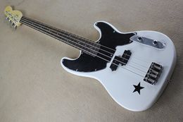 Factory Custom White Electric Bass Guitar with 4 Strings,Black Pickguard,Five-pointed Star Patreen,Offer Customized