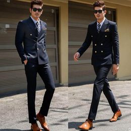 Fall Double Breasted Groom Wear Peaked Lapel Men Custom Made 2 Pieces Suits Wedding Prom Dinner Best Man Blazer(Jacket+Pants)