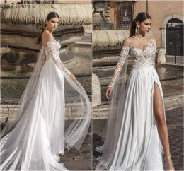 2020 A-линия Свадебное платье V шеи высокого раскол аппликация суд поезд свадебное платье с длинным рукавом Иллюзия лиф сшитое Vestidos De Novia