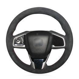 For Honda Civic 10 2016-2019 steering wheel cover black suede leather hand-sewn