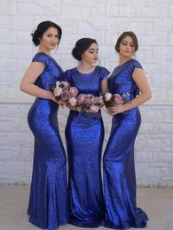 Cheap Royal Blue Sequined Bridesmaid Dresses Jewel Neck Floor Length Sequins Short Sleeve Backless Long Wedding Guest Maid Of Honour Gowns