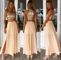 Two Pieces Champagne Prom Dresses 2019 Jewel Neck Chiffon Skirt with High-thigh Split Side Long Formal Evening Party Gowns Custom M98