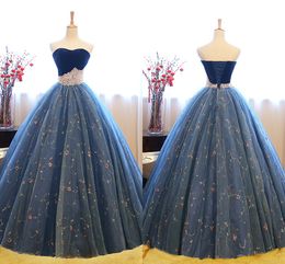 2019 Pearls Printed Tulle Prom Dresses Ball Gowns Strapless Velvet Top Open Back Bandage Graduation Dress Evening Gowns Party Formal Dress