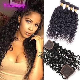 Indian Raw Virgin Hair Mink Water Wave Natural Color Bundles With 4X4 Lace Closure Middle Free Three Part 4 Bundles With Closure 5Pcs/lot