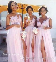 2019 Light Pink Long Bridesmaid Dress Cheap Split Side Appliques Chiffon Garden Wedding Party Guest Maid of Honour Gown Plus Size Custom Made