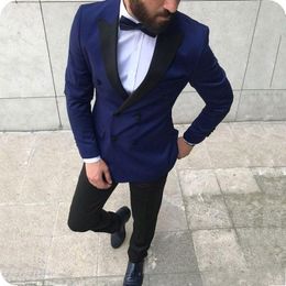 Latest Design Double-Breasted Blue Groom Tuxedos Peak Lapel Men Suits 2 pieces Wedding/Prom/Dinner Blazer (Jacket+Pants+Tie) W725