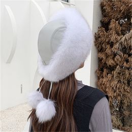 Hot Sale Womens Real Fox Fur and real leather Hat Russian Ushanka Winter Warm Aviator Trapper Bomber Ski Earmuffs Cap