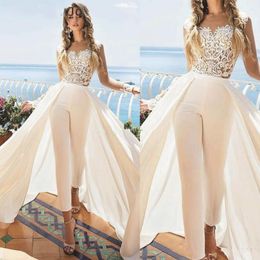 Macacão exclusivo vestidos de casamento com trem destacável tornozelo comprimento jóia pescoço apliques roupa vestido de noiva cetim overskirt roupões 264u