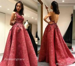 2019 Elegant Dark Red Full Lace Appliques Evening Dress Sexy Long Backless Celebrity Formal Holiday Wear Party Gown Custom Made Plus Size