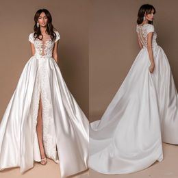 2020 New White Wedding Dresses With Satin Detachable Train Lace Bridal Gowns Front Split Illusion Princess Boho Beach Wedding Dress Cheap