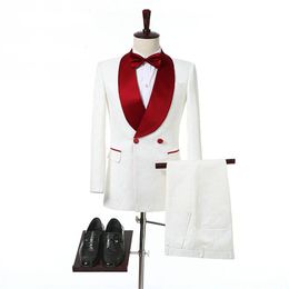 Double Breasted Groomsmen Shawl red Lapel Groom Tuxedos Embossing Men Suits Wedding/Prom/Dinner Best Man Blazer ( Jacket+Pants+Tie) K376