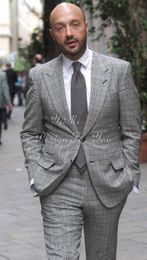 Brand New Grey lattice Men Wedding Tuxdos Peak Lapel Slim Fit Groom Tuxedos Excellent Men Blazer(Jacket+Pants+Tie) 2218