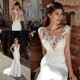 New Cheap Mermaid Wedding Dresses Sheer Scoop Neck Cap Sleeves Lace Appliques Button Back Sweep Train Plus Size Formal Bridal Gowns