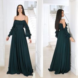 Blackish Green A Line Evening Dresses Chiffon Long Sleeve Spaghetti Prom Dress Floor Lenght Special Occasion Dresses