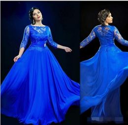 2020 Modest Long Sleeve Plus Size Prom Dresses Jewel Neck A Line Floor Length Lace and Chiffon Royal Blue Large Women Evening Gown
