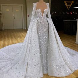 luxury sweetheart plus size mermaid wedding dresses with detachable train sequin crystal beaded appliqued long sleeve bridal gowns