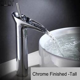 Bathroom Tall Faucet Hot and Cold Water Mixer Crane Bath Vessel Sink Faucets Single Handle Waterfall Mixer Tap