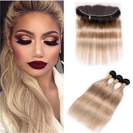 Straight #1B/27 Honey Blonde Ombre Brazilian Human Hair Wefts with Frontal 3Bundles Ombre Light Brown Hair Weaves with Lace Frontal 13x4