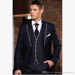 New Style Navy Blue Notch Groom Tuxedos Mens Wedding Prom Dress Blazer Party Business Suits (Jacket+Pants+Vest+Tie) J715