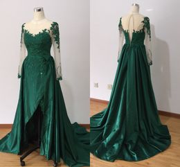 Dark Green Short Front Long Back Evening Formal Dresses Illusion Long Sleeves Lace Beading Beaded Sheer Round Neckline Prom Gowns Party Dres