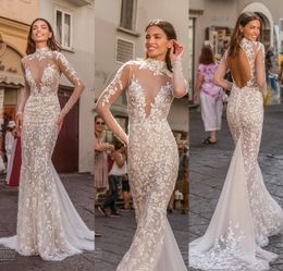 mermaid wedding dresses high neck appliqued sequins long sleeves bridal gown open back ruffle sweep train vestidos de novia