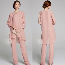 Modest Mother Of The Bride Pant Suits With Long Jackets Lace Bateau Neck Wedding Guest Dress Plus Size Chiffon Mothers Groom Dresses