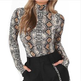 Fashion Women Skinny Bodysuit Stand Collar Stretchy Girl Jumpsuits Tops Snake Skin Print Long Sleeve Ladies Autumn Bodysuits