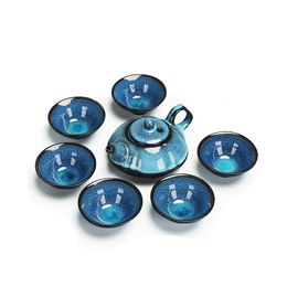 7 Pieces Ceramic Blue Fambe Glaze KongFu Teaware Set JianZhan Ancient Temmoku 1 Teapot 6 Tea Cups Chinese Crafts