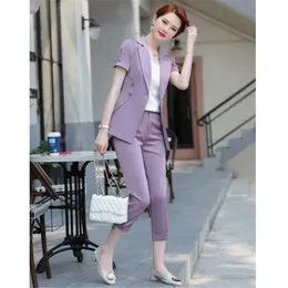 Purple Women Suits Office Sets Plus Size 4XL 5XL Short Sleeve Blazer Female 2020 Elegant Cropped Trousers 2 Piece Set RM50269