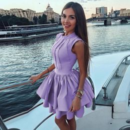 Sexy Lilac Prom Dresses A Line High Collar Short Mini Satin Cocktail Party Gowns Plus Size Homecoming Dresses Girls