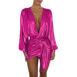 13 Colours Sparkly Metallic Irregular Draped Dress Women Sexy Deep V-neck Long Sleeve Vestido Elegant Bandage Wrap Mini Dress