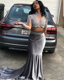 Fabulous Sheer Long Sleeve Mermaid Prom Dresses 2 piece Lace Applique Top Graduation Gowns Beaded Velvet Formal Evening Party Dresses