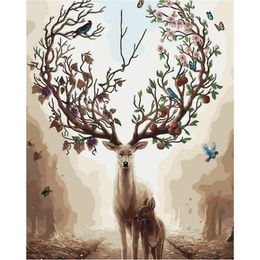 DIY Oil Painting By Numbers Deer and Son 50*40CM/20*16 Inch On Canvas For Home Decoration Kits [Unframed]