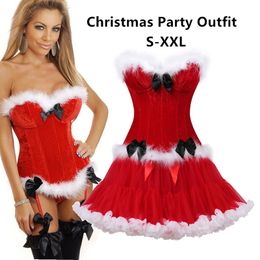 Halloween Costume Dress Outfit Clubwear Women's Miss Santa White Fur Trim Corset Top with Ruffle Tutu Skirt Dance Clothing Set Red Black