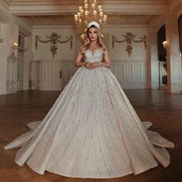 2020 Crystal Wedding Dresses Luxurious Spaghetti Straps Satin Bridal Gowns Ruffle Beads Custom Made Royal Vintage robes de mariée