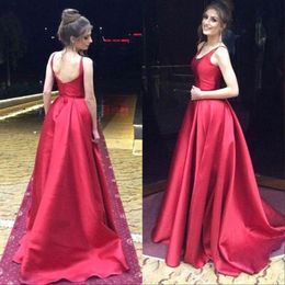 2020 Elegant Red stain Evening Dresses Spaghetti Simple A Line V Neck Backless Evening Gown Zipper Back Sweep Train Girls Formal Prom