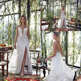 limor rosen bohemian split wedding dresses a line spaghetti neck bridal dress boho sweep train backless beach bridal gowns