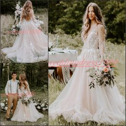 Beautiful Illusion Beach Chiffon Lace Wedding Dresses Long Sleeve Backless African Bride Vestido de novia Sheer Tulle Formal Bridal Gown