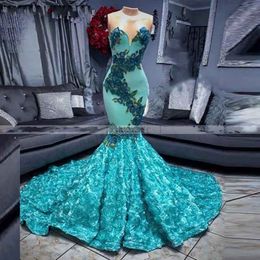 Blue 3D Flowers Prom Dresses Mermaid 2020 Sweetheart African Long Gala Party Gowns Plus Size Black Girl Evening Dresses